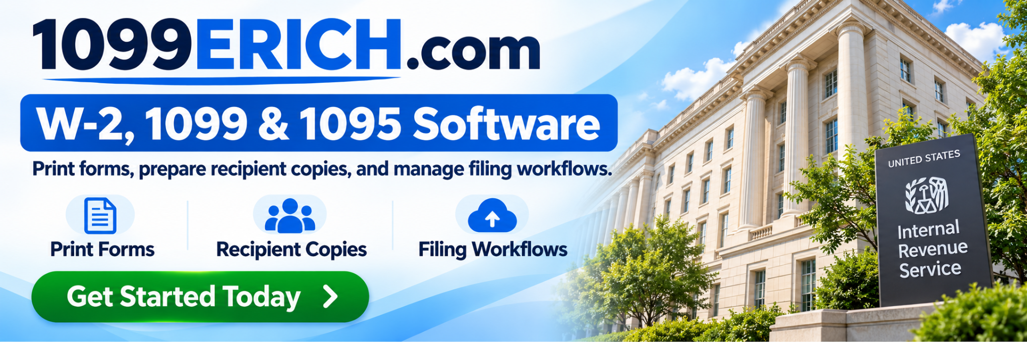 1099ERICH.com W-2, 1099 and 1095 software advertisement with IRS building